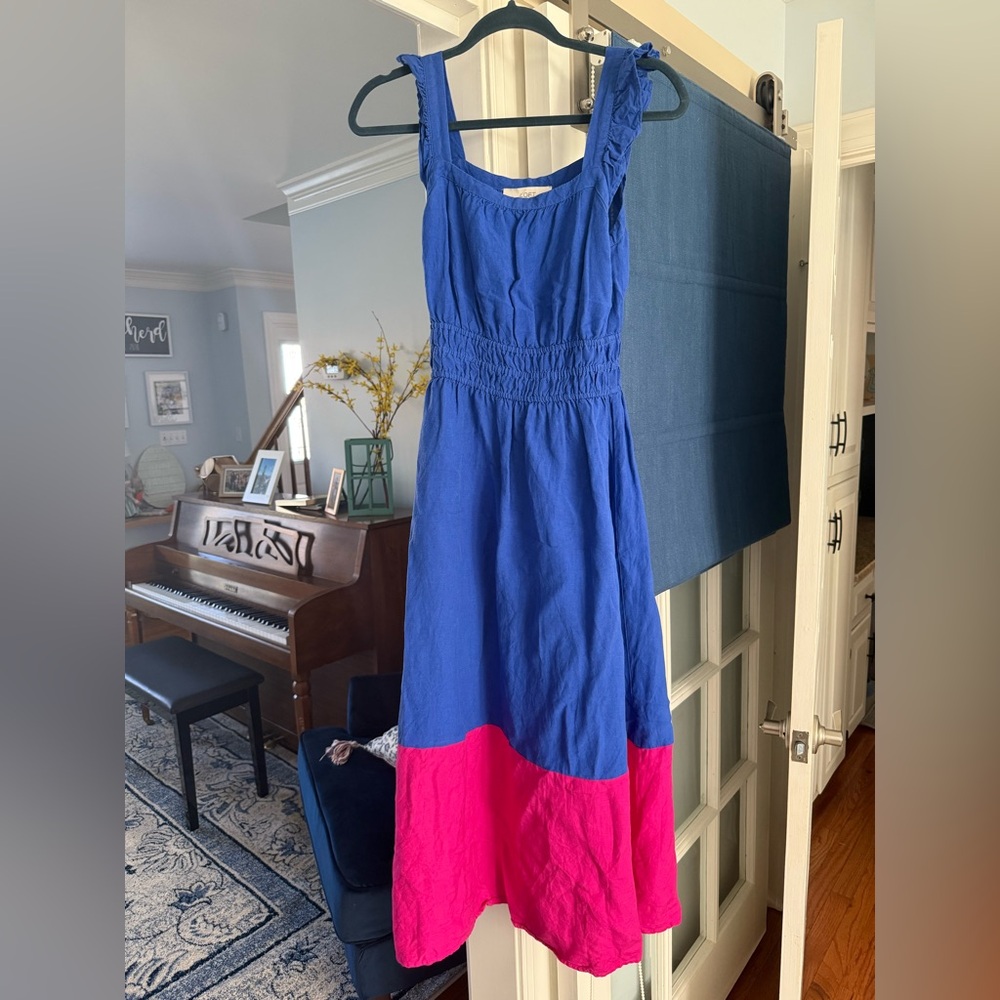 Loft midi blue and pink color blocked dress